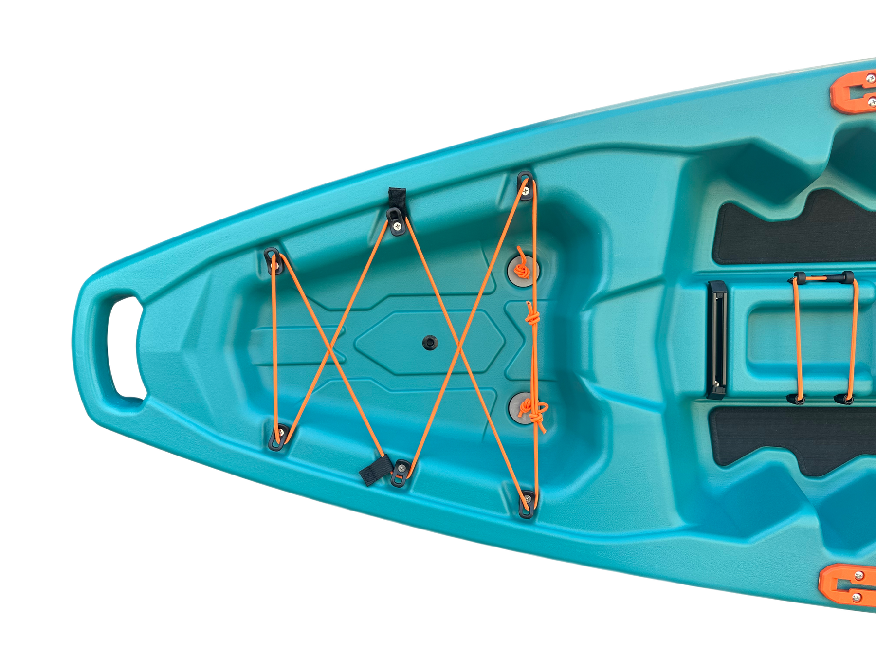 Front deck of the Trekker 8.8 showing molded foot pedals and paddle parks