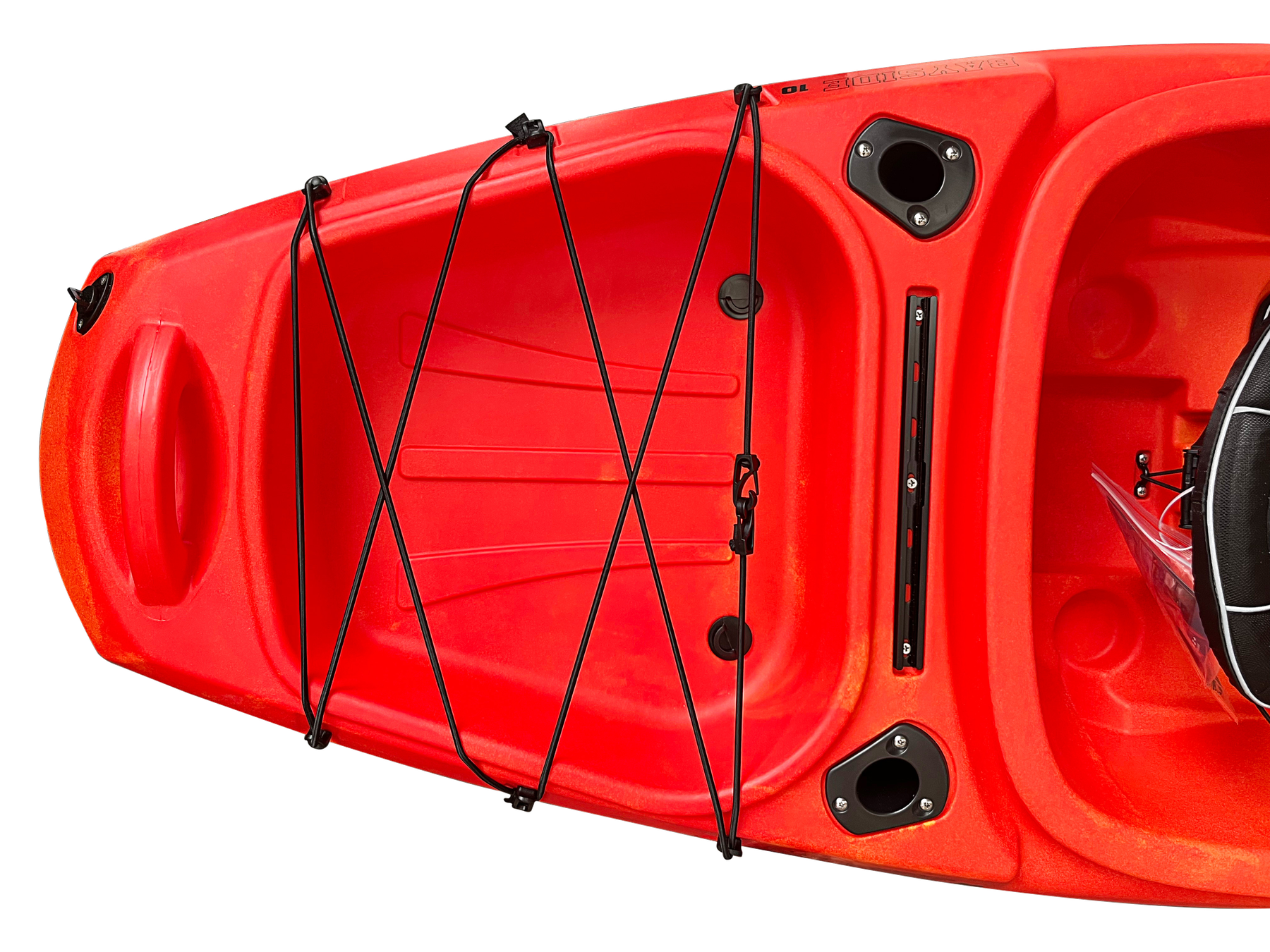 Above-deck rear storage area with bungee cords on the Bayside 10