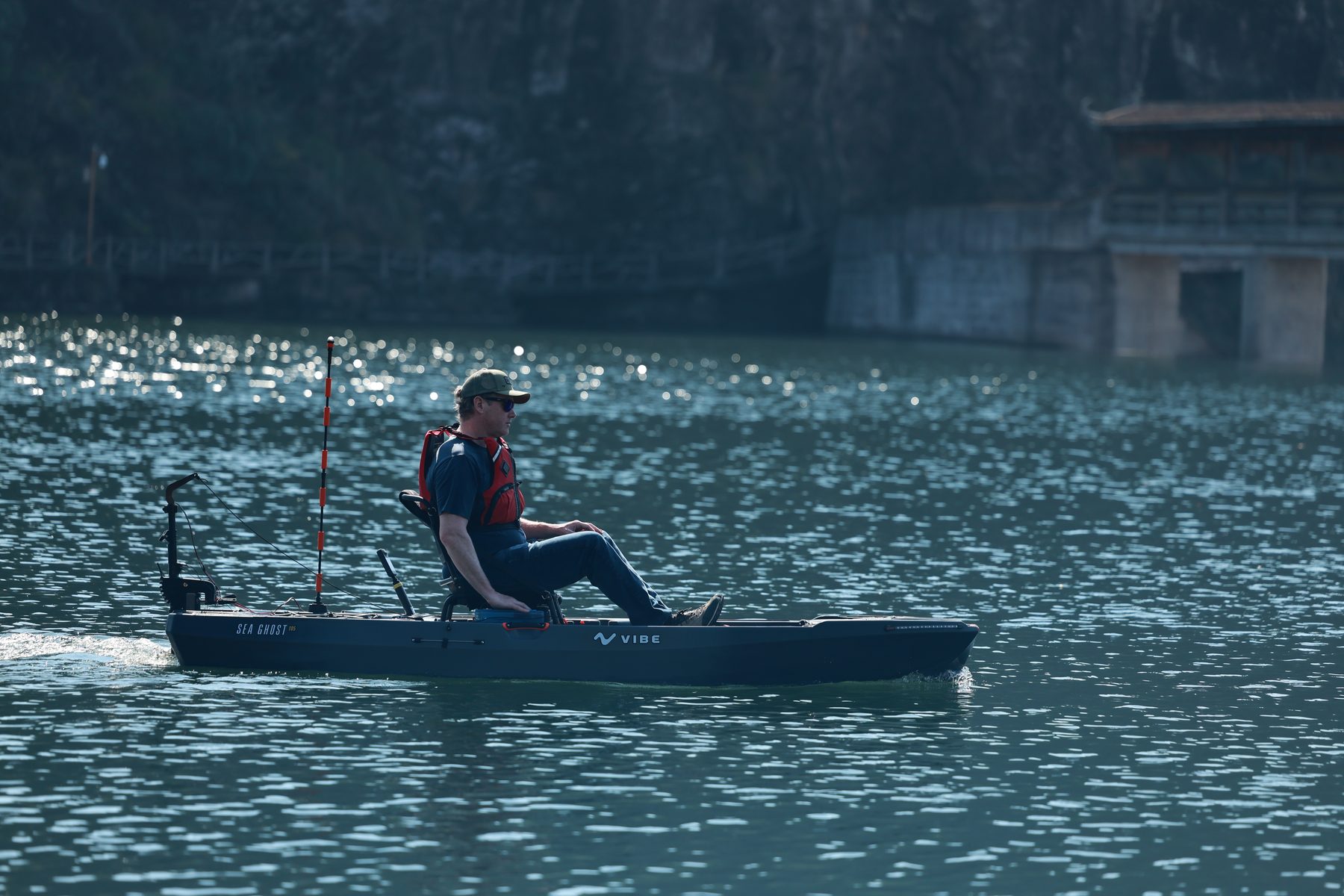 Sea Ghost 105 with stake-out pole and trolling motor deployed