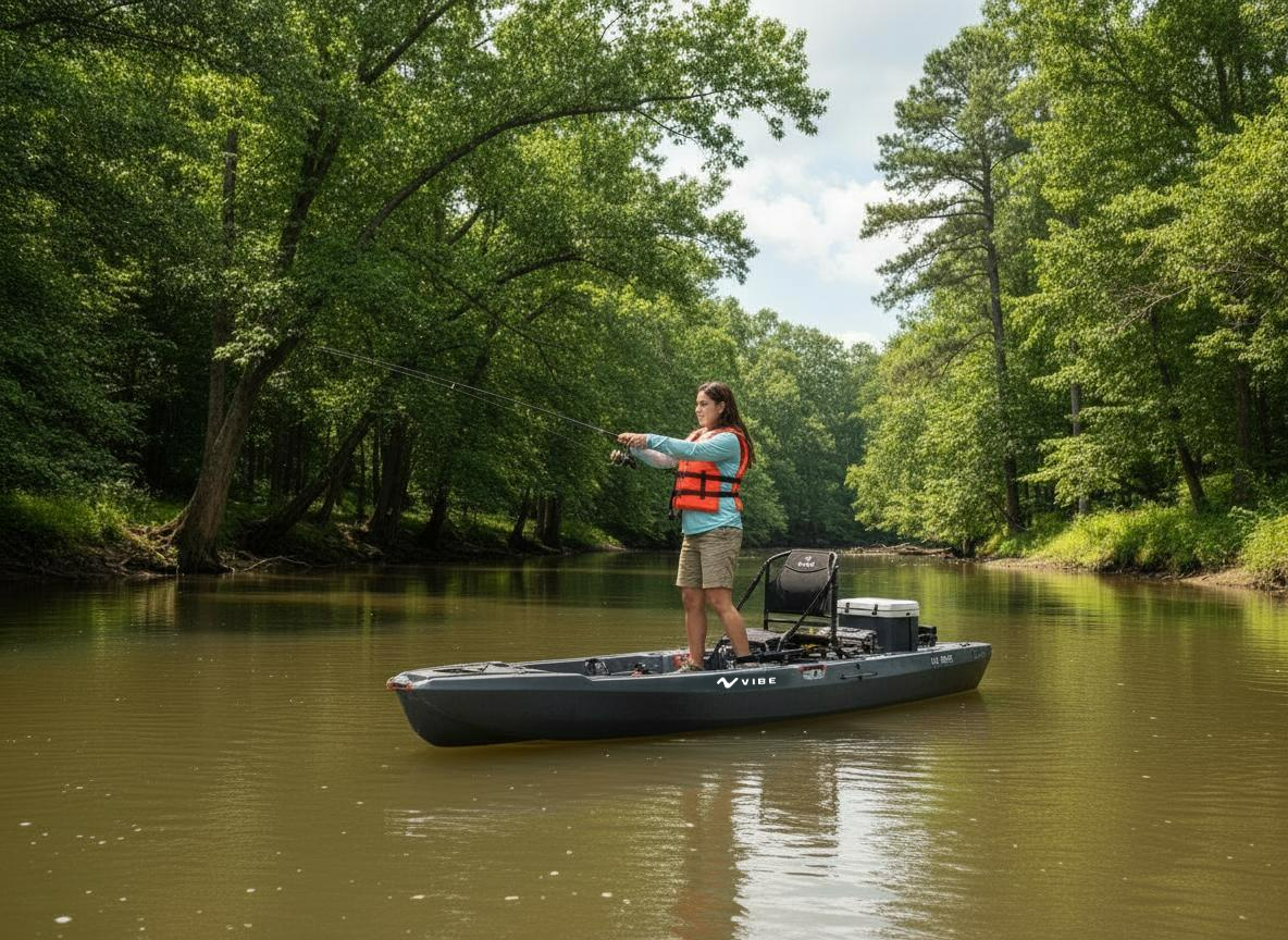 Stand-up sight casting from the Sea Ghost 105 on a wooded stream
